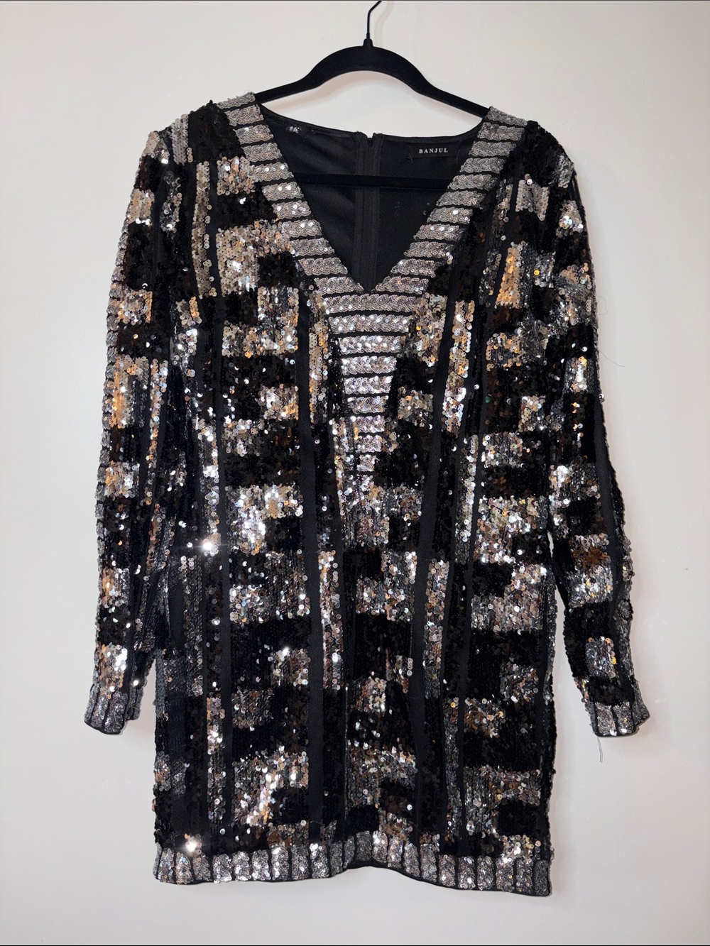 Banjul Black Silver Sequin Long-Sleeve V-Neck Mini Dress